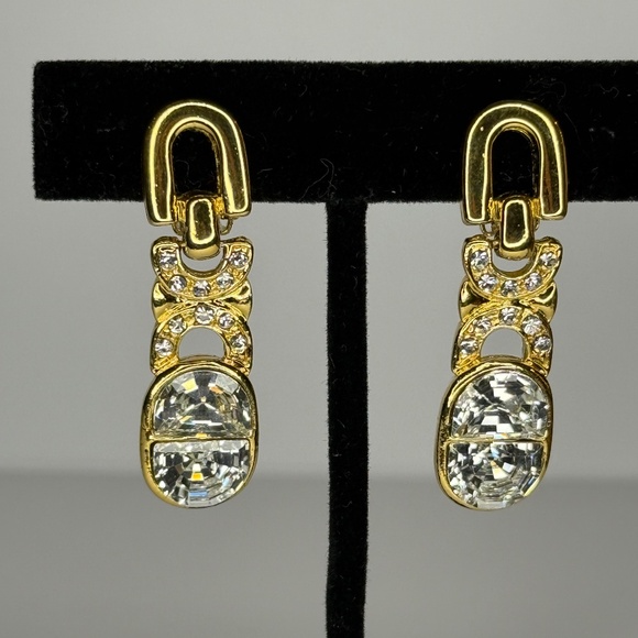 Gold Tone Clip On Crystal Rhinestone Earrings - Picture 2 of 4